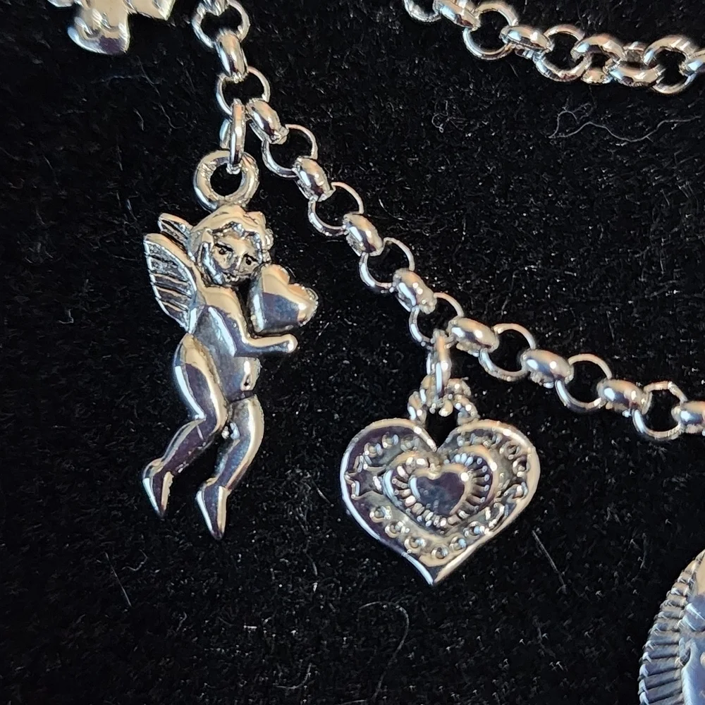 Cookie Lee Silver 3 Strand Layered Angel Heart and Crosses Necklace #25706 NWT